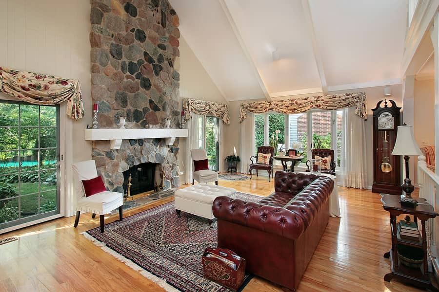 A colorful stone fireplace from the 1970s can be updated by painting or replacing the mantel. 