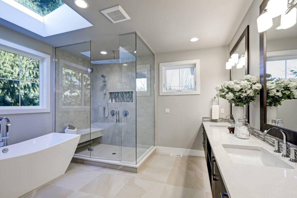 A beautiful tiled bathroom.