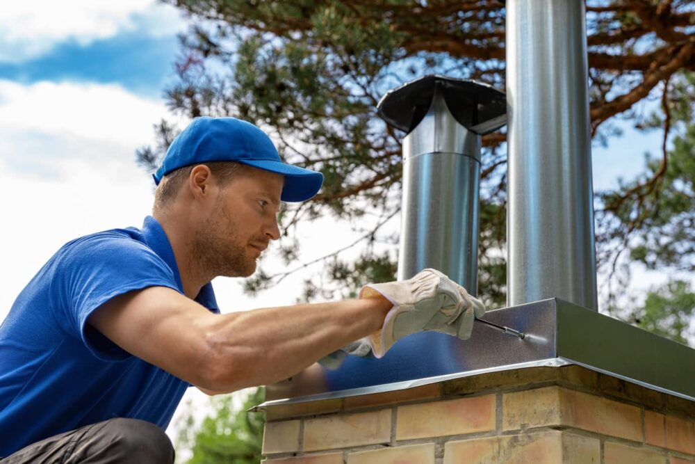 Putting on the finishing touches of a new chimney flue liner.