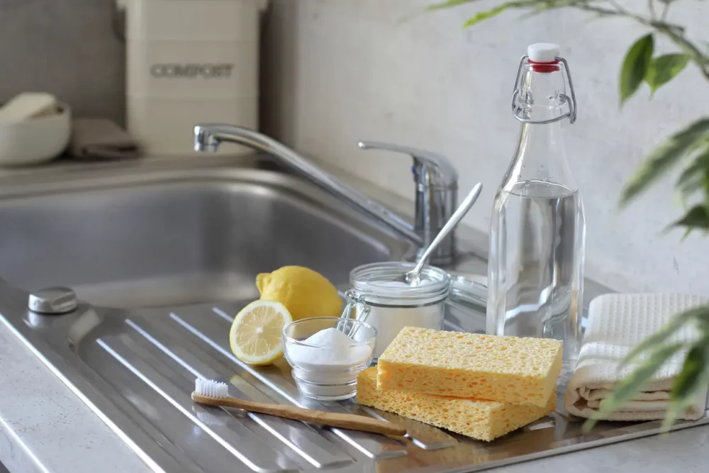 Vinegar, lemons, and baking soda are great for cleaning a kitchen sink. 