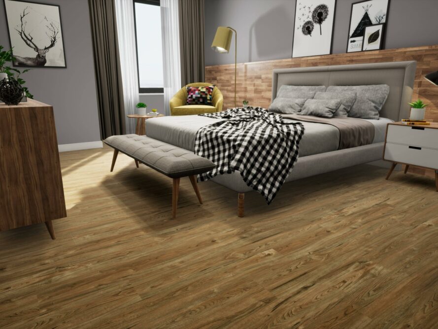 SPC flooring is waterproof and durable and used in high traffic areas such as the bedroom. 