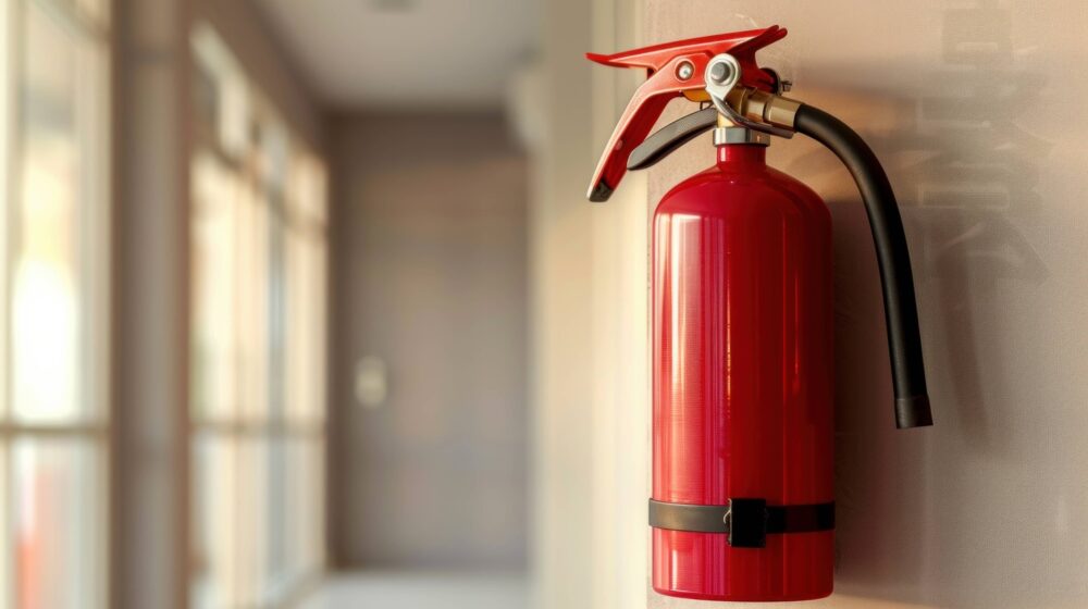 Fire extinguisher on a fire rated wall